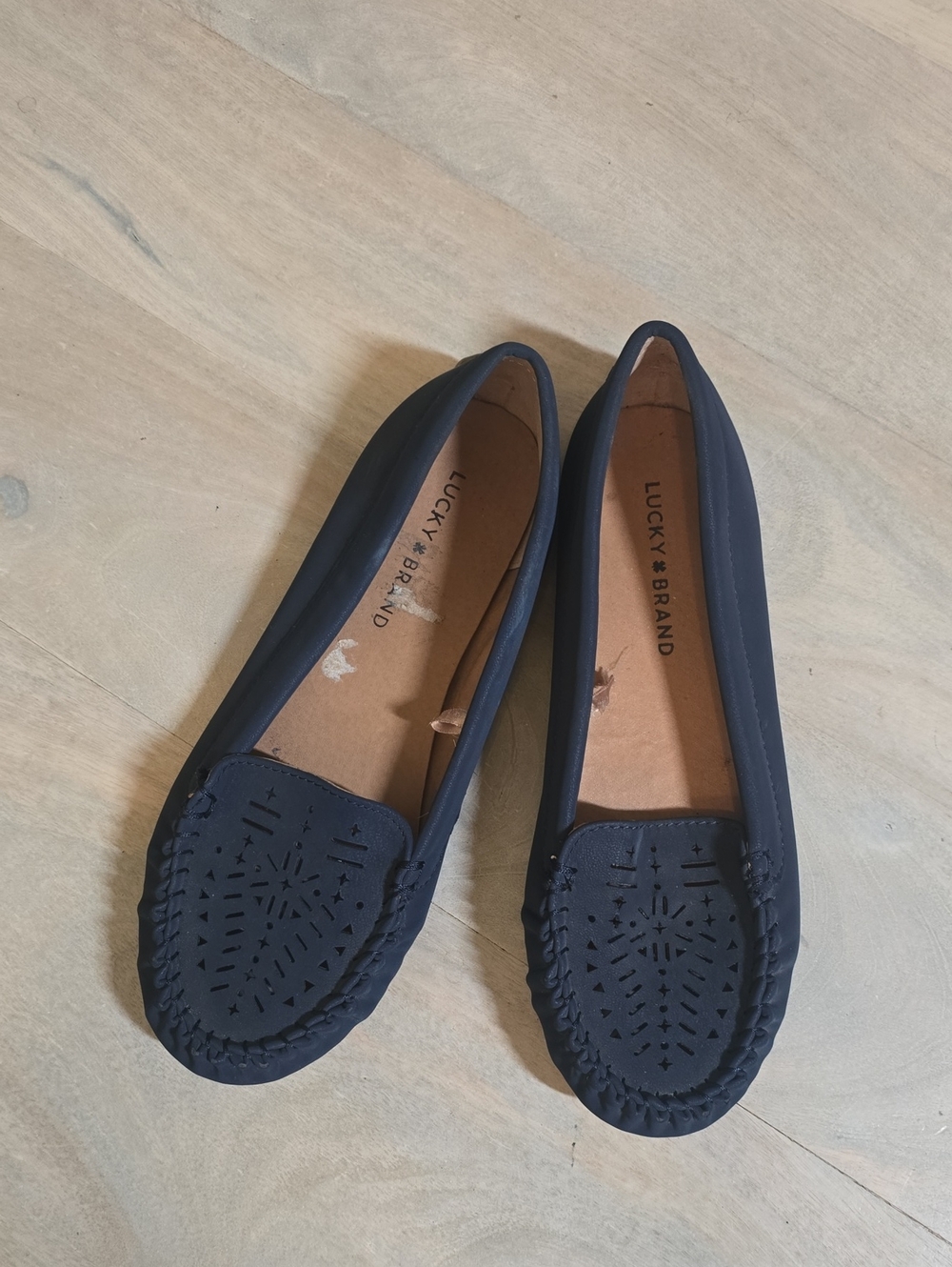 Lucky Brand Ajaia Navy Blue Laser Cut Perforated Moccasin Loafer Flats - Size 8